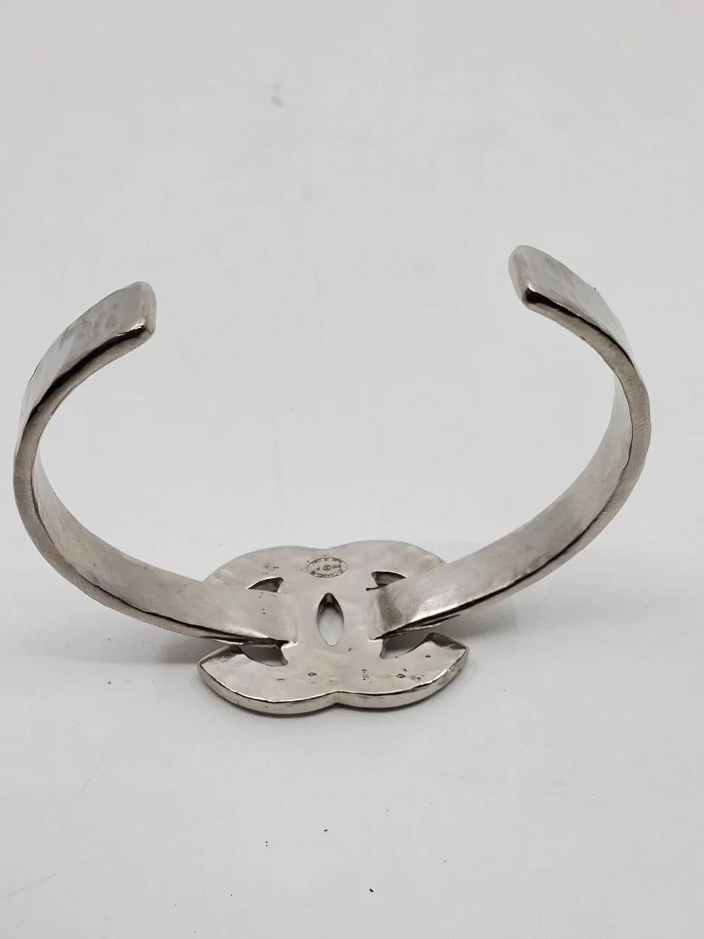 Chanel B15 Hammered Silver Tone Enamel CC Cuff Bracelet